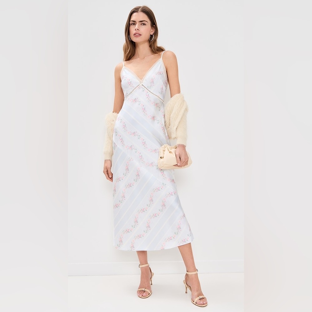 LoveShackFancy ERMON SATIN FLORAL LACE BIAS CUT MAXI SLIP DRESS White Blue M